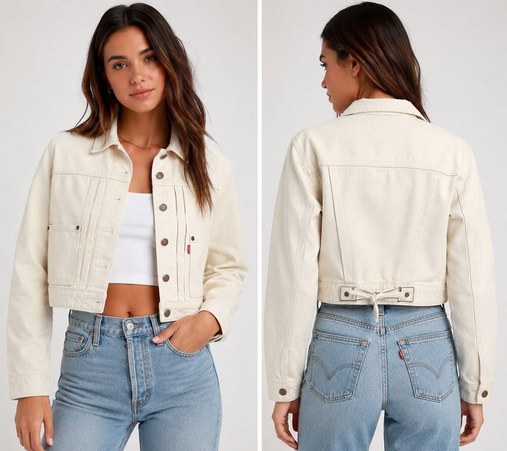 Levi’s Premium Women’s Ivory Cropped Denim Jacket Size S 100% Cotton